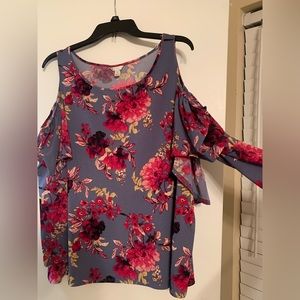 Cato Dusty Blue Floral Cold Shoulder Blouse Size XL X-Large Spring Fall